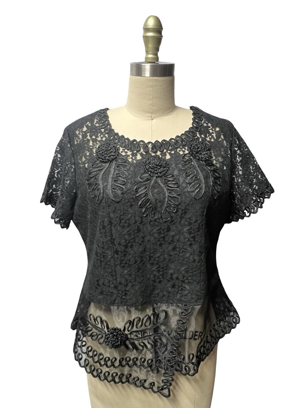 Y2K Lace Top Embroidered Mesh Black M Goth Whimsigoth Witchy Lined Blouse